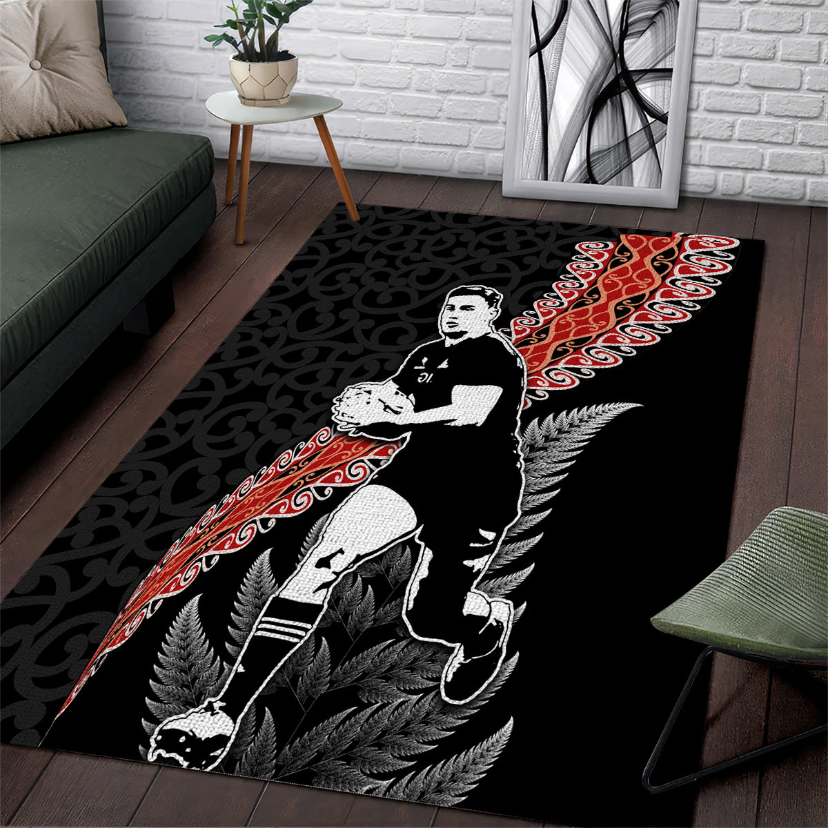 New Zealand Maori Rugby Player Area Rug Maori and Silver Fern Half Style