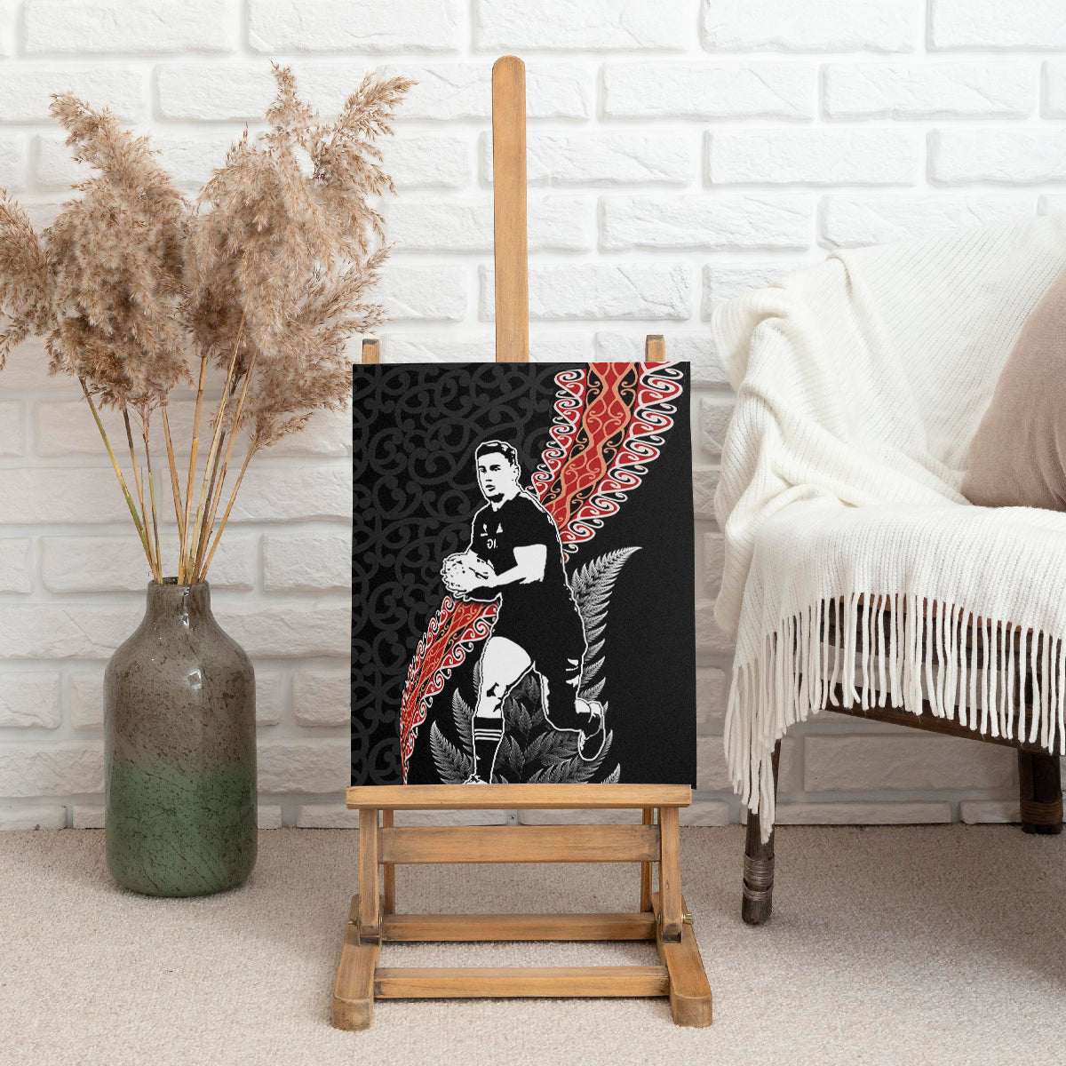 New Zealand Maori Rugby Player Canvas Wall Art Maori and Silver Fern Half Style