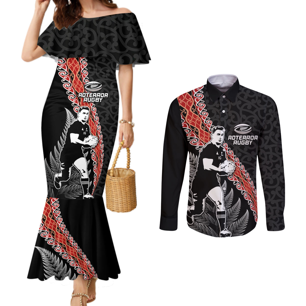 New Zealand Maori Rugby Player Couples Matching Mermaid Dress and Long Sleeve Button Shirt Maori and Silver Fern Half Style
