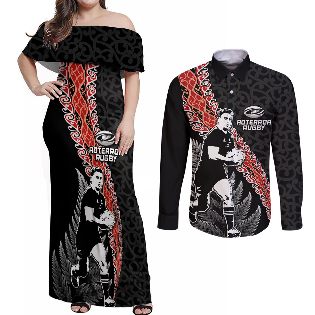 New Zealand Maori Rugby Player Couples Matching Off Shoulder Maxi Dress and Long Sleeve Button Shirt Maori and Silver Fern Half Style