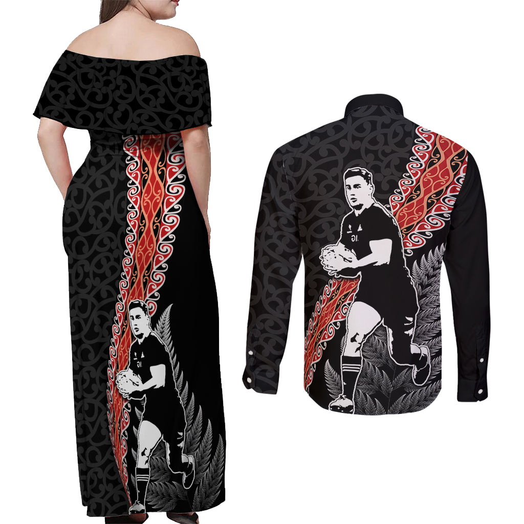 New Zealand Maori Rugby Player Couples Matching Off Shoulder Maxi Dress and Long Sleeve Button Shirt Maori and Silver Fern Half Style LT03 - Polynesian Pride