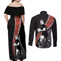 New Zealand Maori Rugby Player Couples Matching Off Shoulder Maxi Dress and Long Sleeve Button Shirt Maori and Silver Fern Half Style LT03 - Polynesian Pride