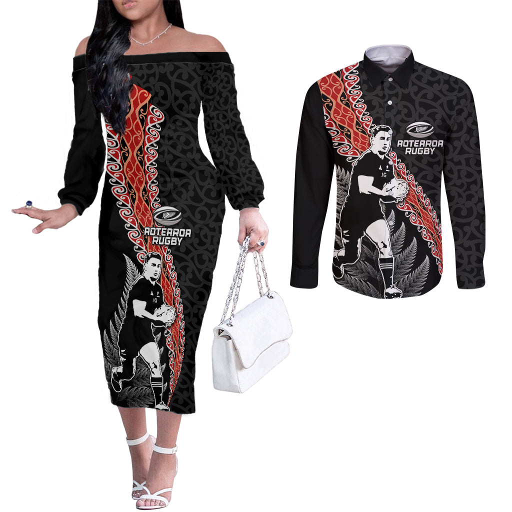 New Zealand Maori Rugby Player Couples Matching Off The Shoulder Long Sleeve Dress and Long Sleeve Button Shirt Maori and Silver Fern Half Style
