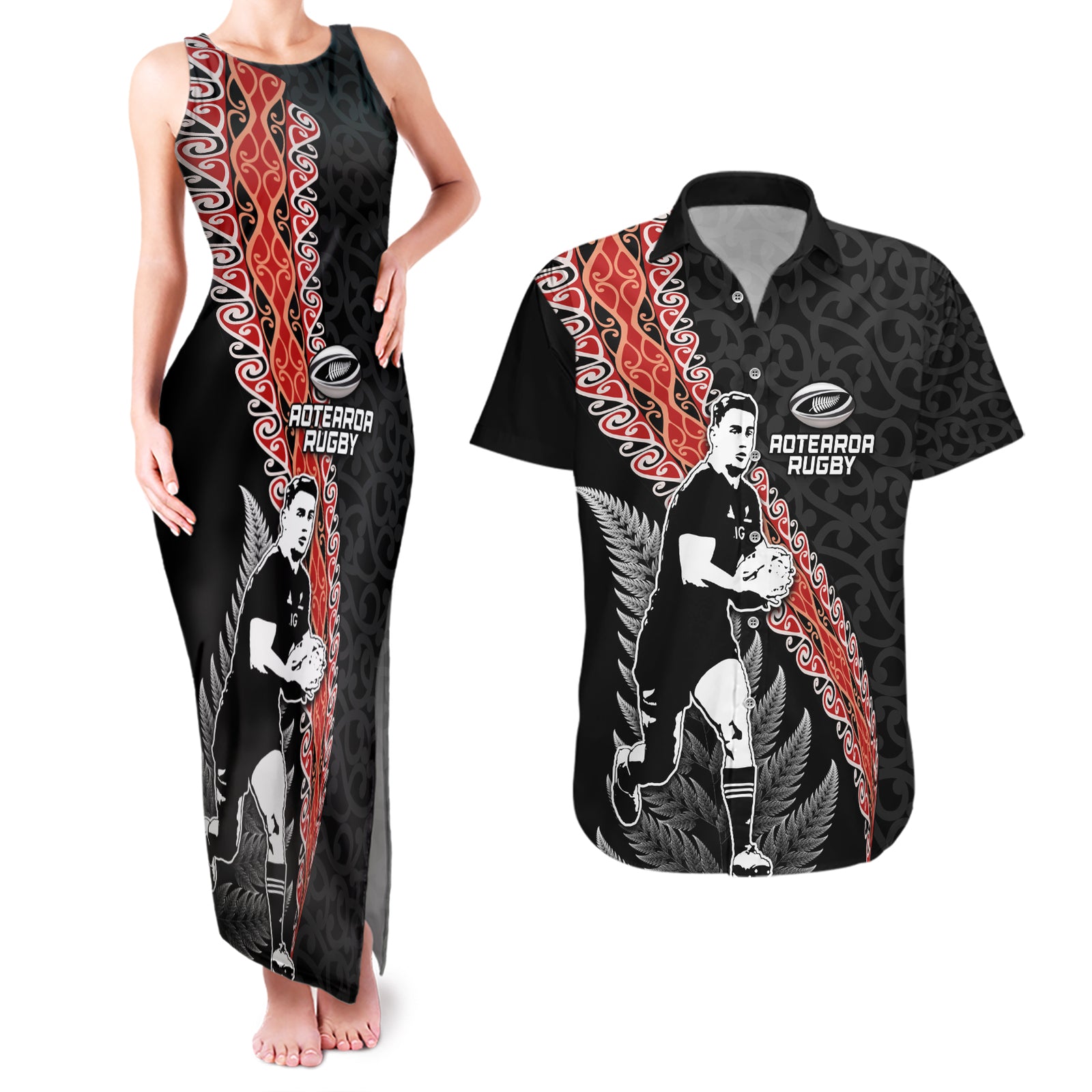 New Zealand Maori Rugby Player Couples Matching Tank Maxi Dress and Hawaiian Shirt Maori and Silver Fern Half Style