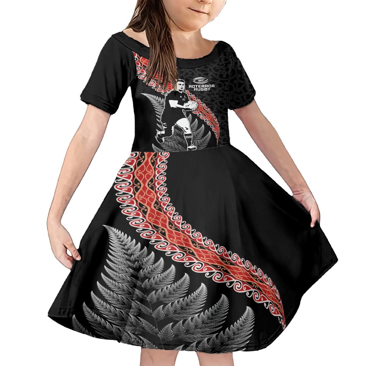 New Zealand Maori Rugby Player Family Matching Puletasi and Hawaiian Shirt Maori and Silver Fern Half Style LT03 Daughter's Dress Black - Polynesian Pride