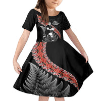 New Zealand Maori Rugby Player Family Matching Puletasi and Hawaiian Shirt Maori and Silver Fern Half Style LT03 Daughter's Dress Black - Polynesian Pride