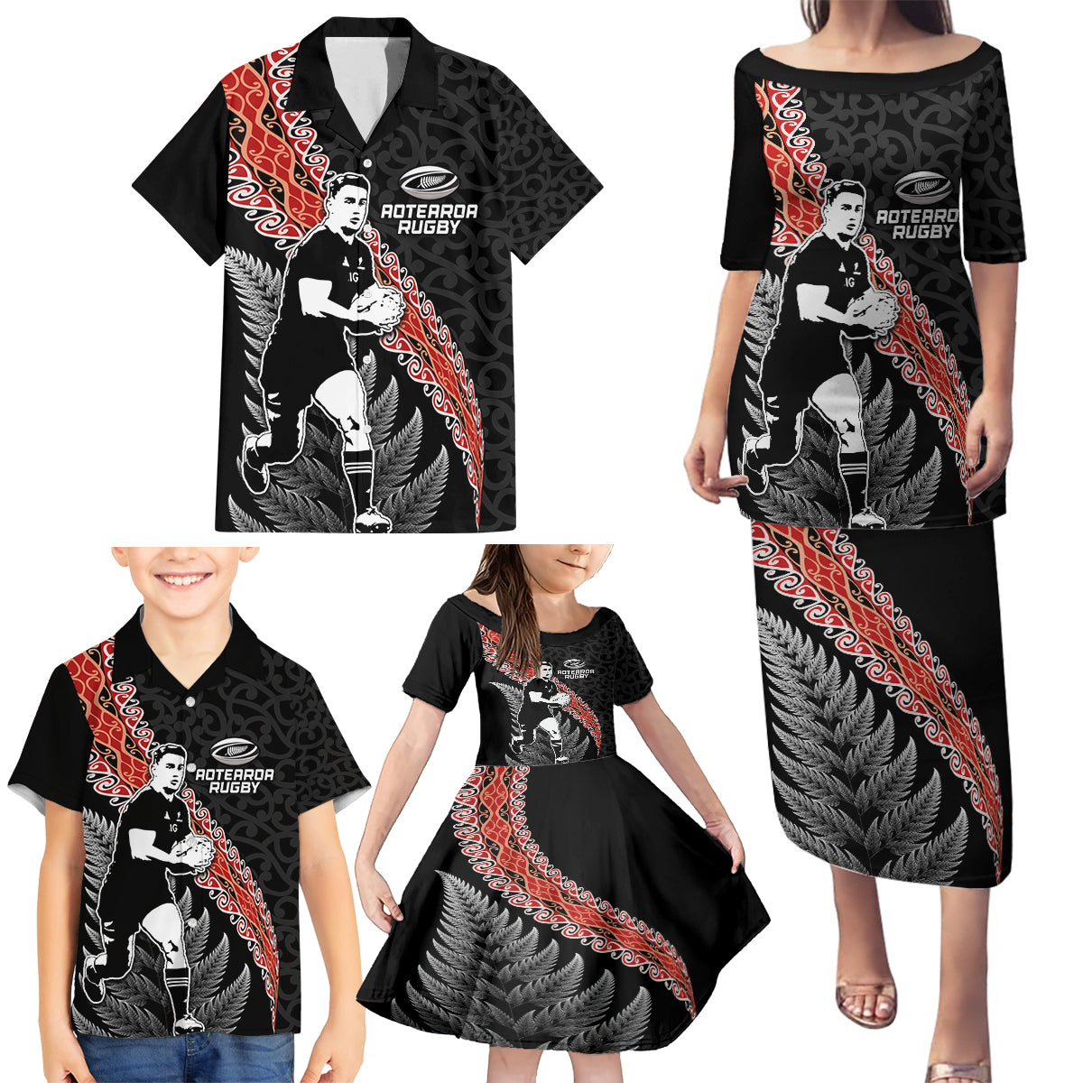 New Zealand Maori Rugby Player Family Matching Puletasi and Hawaiian Shirt Maori and Silver Fern Half Style LT03 - Polynesian Pride