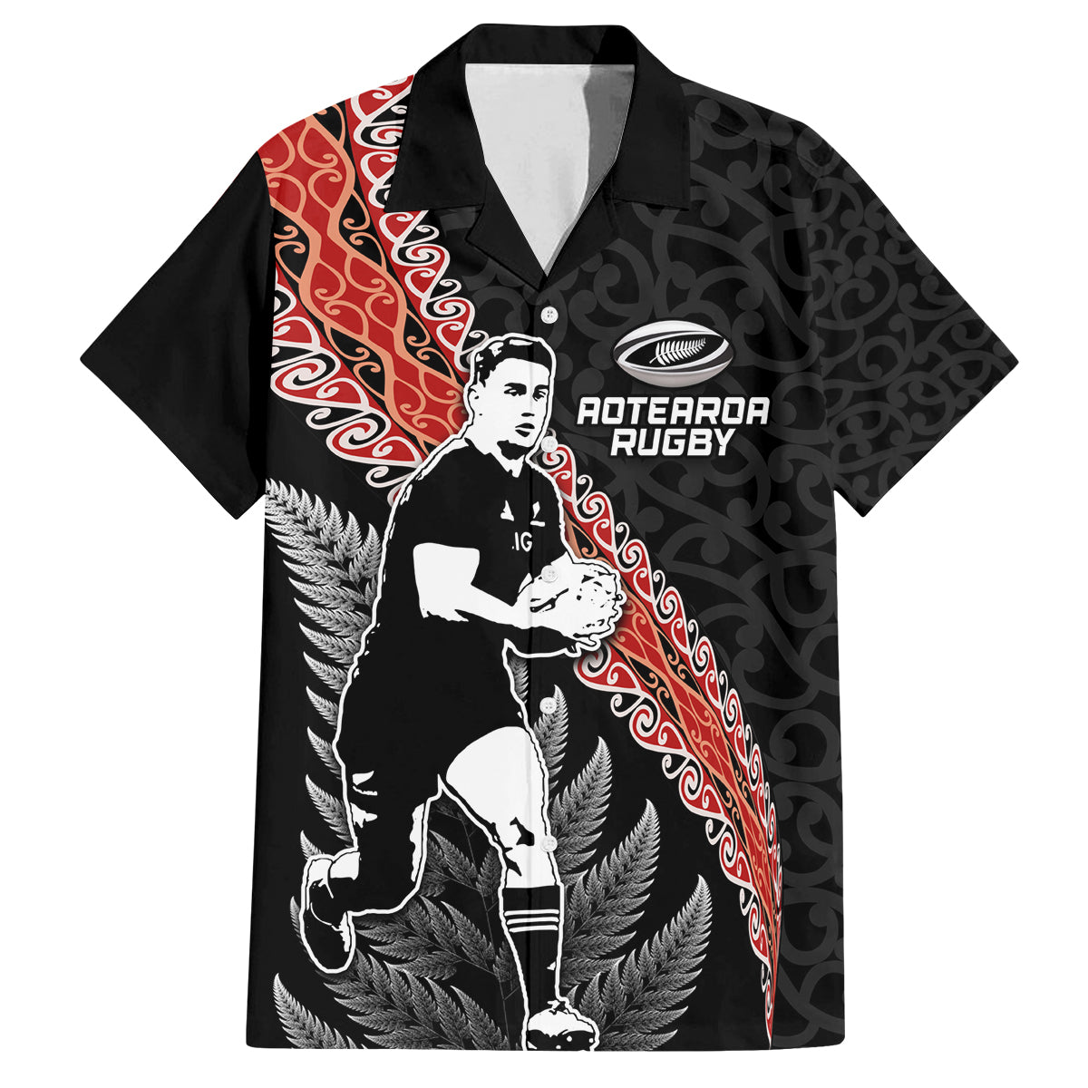 New Zealand Maori Rugby Player Family Matching Puletasi and Hawaiian Shirt Maori and Silver Fern Half Style LT03 Dad's Shirt - Short Sleeve Black - Polynesian Pride