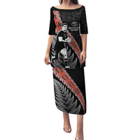 New Zealand Maori Rugby Player Family Matching Puletasi and Hawaiian Shirt Maori and Silver Fern Half Style LT03 Mom's Dress Black - Polynesian Pride