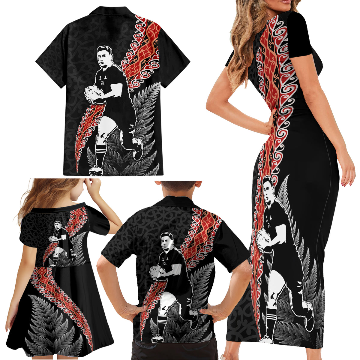 New Zealand Maori Rugby Player Family Matching Short Sleeve Bodycon Dress and Hawaiian Shirt Maori and Silver Fern Half Style
