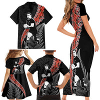 New Zealand Maori Rugby Player Family Matching Short Sleeve Bodycon Dress and Hawaiian Shirt Maori and Silver Fern Half Style