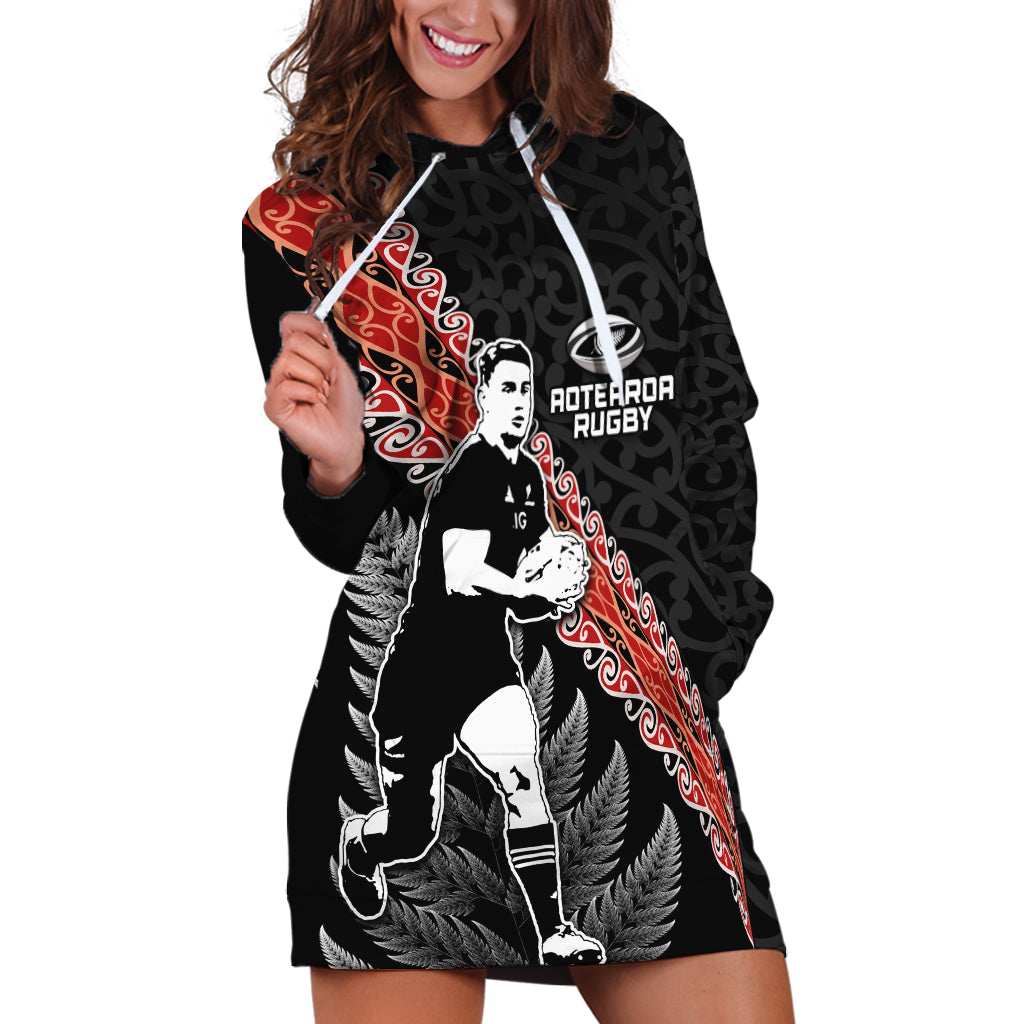 New Zealand Maori Rugby Player Hoodie Dress Maori and Silver Fern Half Style LT03 Black - Polynesian Pride