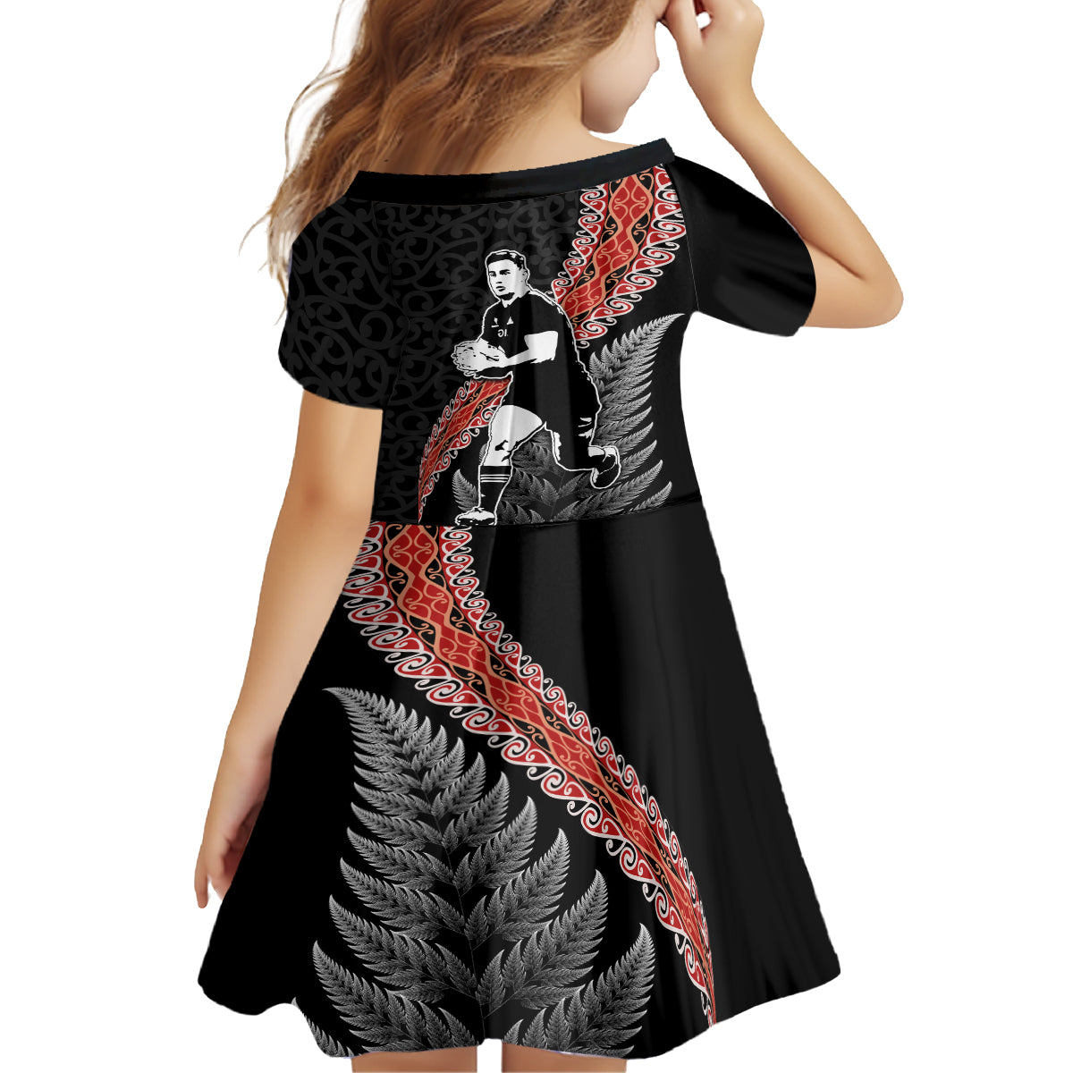 New Zealand Maori Rugby Player Kid Short Sleeve Dress Maori and Silver Fern Half Style LT03 - Polynesian Pride