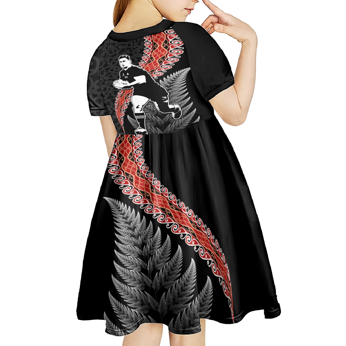 New Zealand Maori Rugby Player Kid Short Sleeve Dress Maori and Silver Fern Half Style LT03 - Polynesian Pride