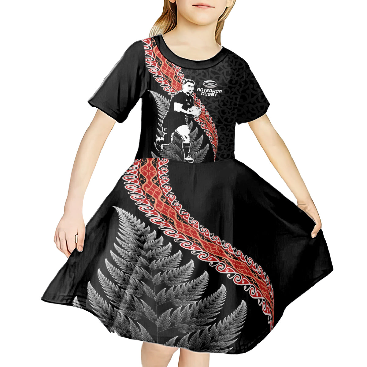 New Zealand Maori Rugby Player Kid Short Sleeve Dress Maori and Silver Fern Half Style LT03 - Polynesian Pride