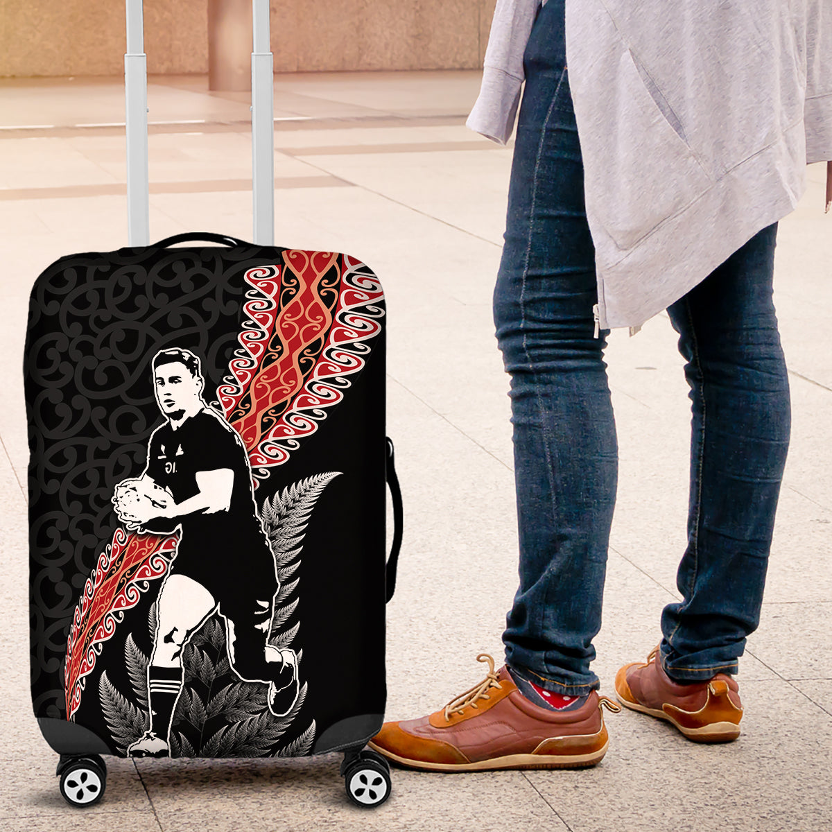 New Zealand Maori Rugby Player Luggage Cover Maori and Silver Fern Half Style