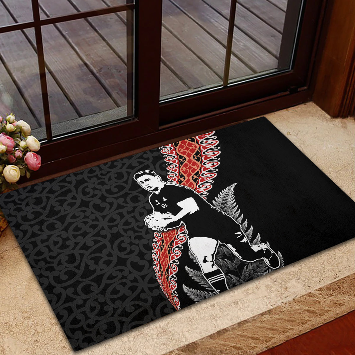 New Zealand Maori Rugby Player Rubber Doormat Maori and Silver Fern Half Style