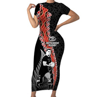 New Zealand Maori Rugby Player Short Sleeve Bodycon Dress Maori and Silver Fern Half Style LT03 Long Dress Black - Polynesian Pride