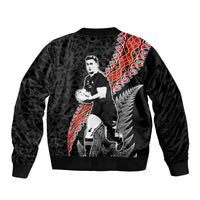 New Zealand Maori Rugby Player Sleeve Zip Bomber Jacket Maori and Silver Fern Half Style