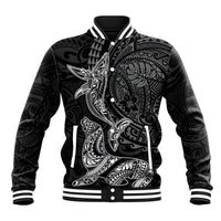 Hawaiian Monk Seal and Whale Baseball Jacket Kakau Tribal Pattern Grayscale