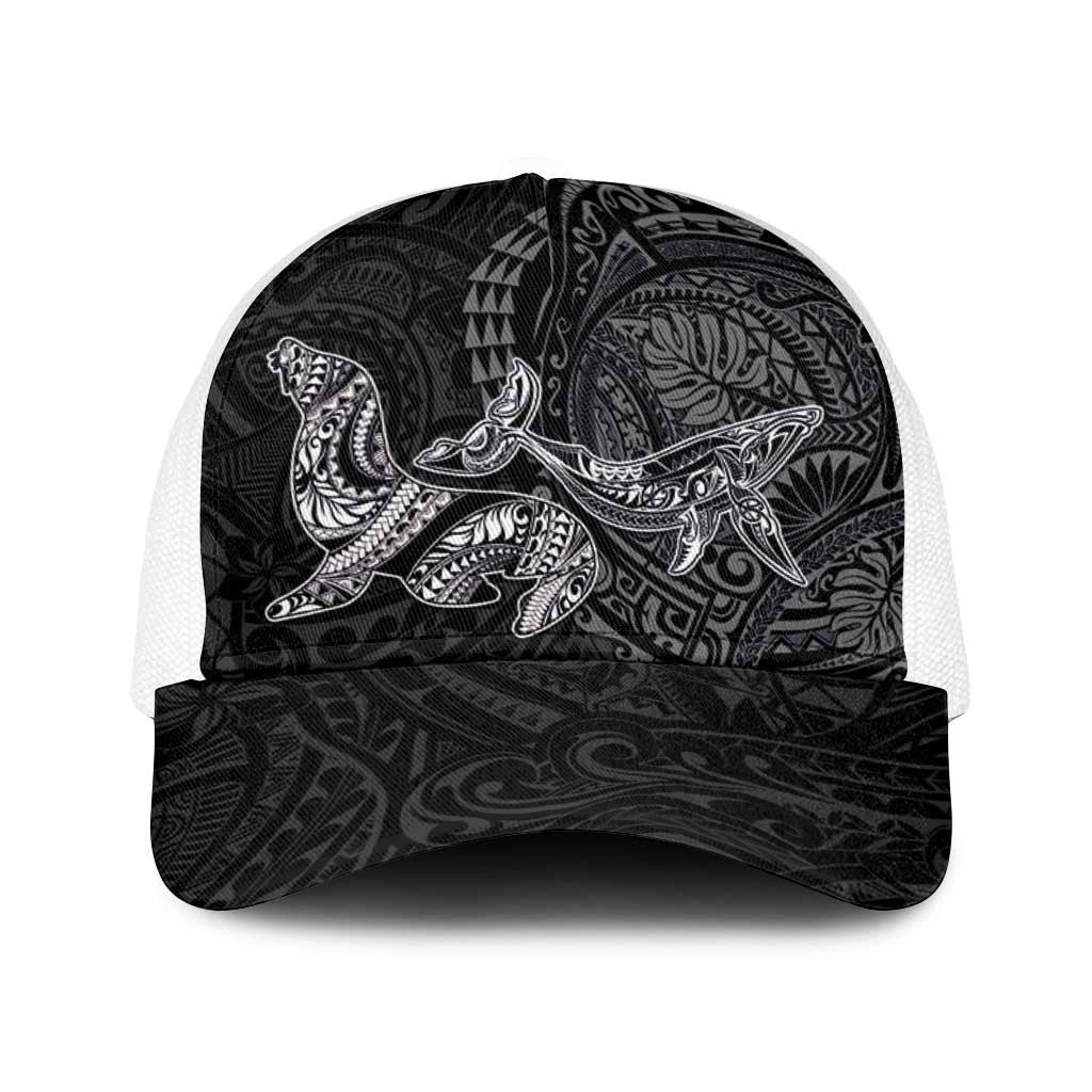 Hawaiian Monk Seal and Whale Baseball Net Cap Kakau Tribal Pattern Grayscale