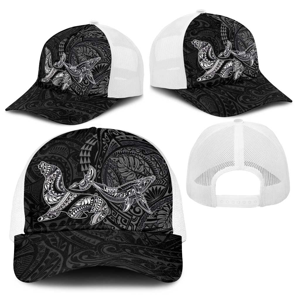 Hawaiian Monk Seal and Whale Baseball Net Cap Kakau Tribal Pattern Grayscale