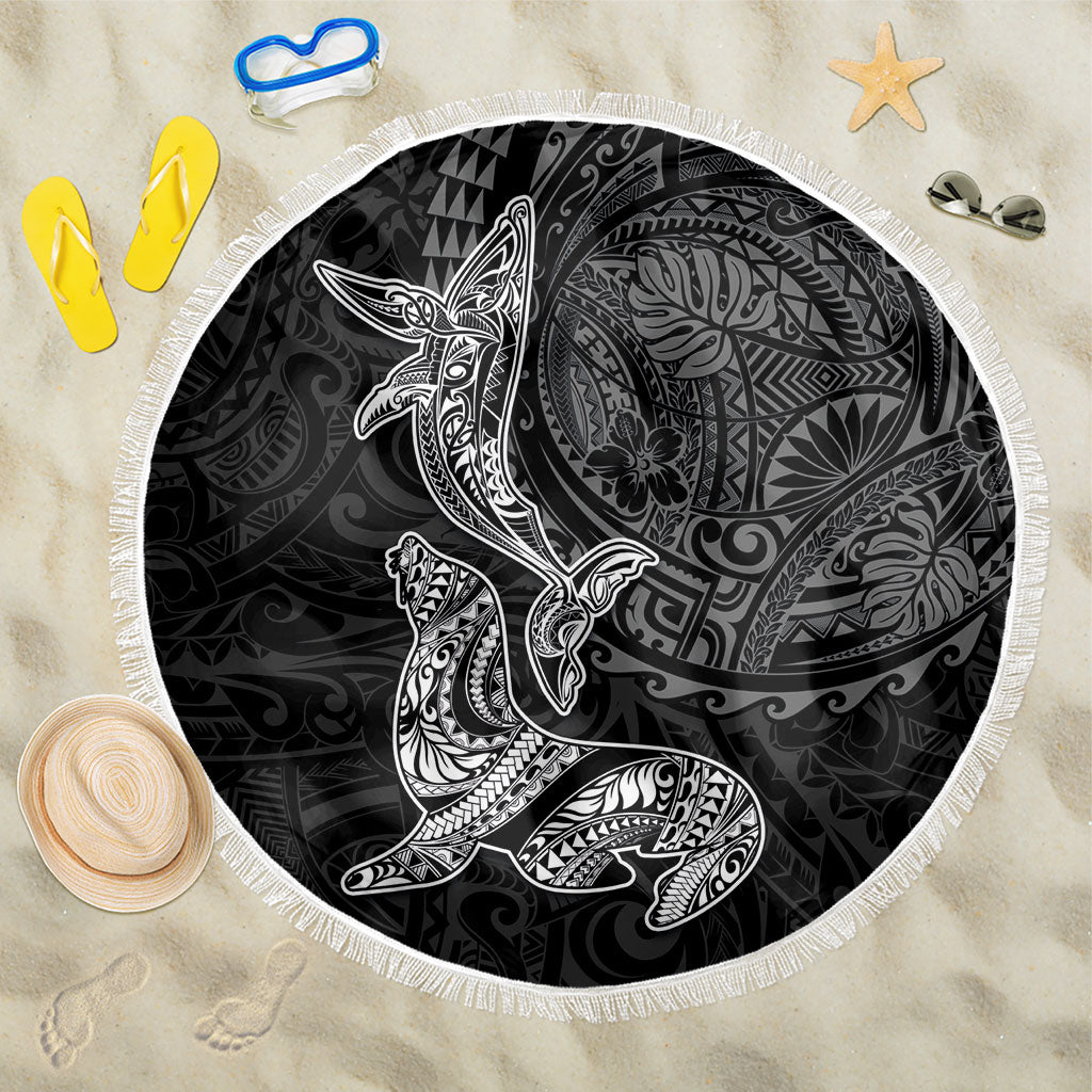 Hawaiian Monk Seal and Whale Beach Blanket Kakau Tribal Pattern Grayscale