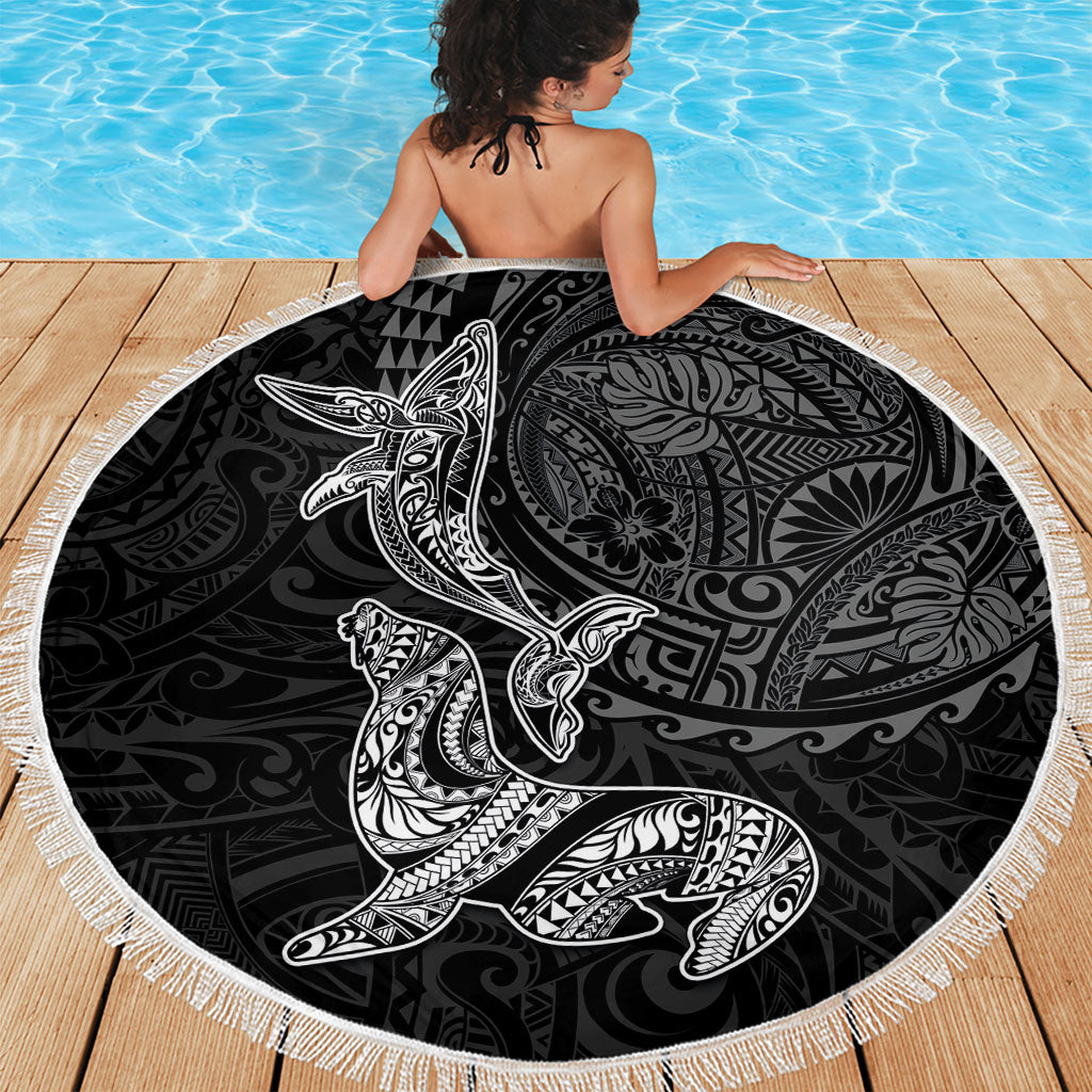 Hawaiian Monk Seal and Whale Beach Blanket Kakau Tribal Pattern Grayscale