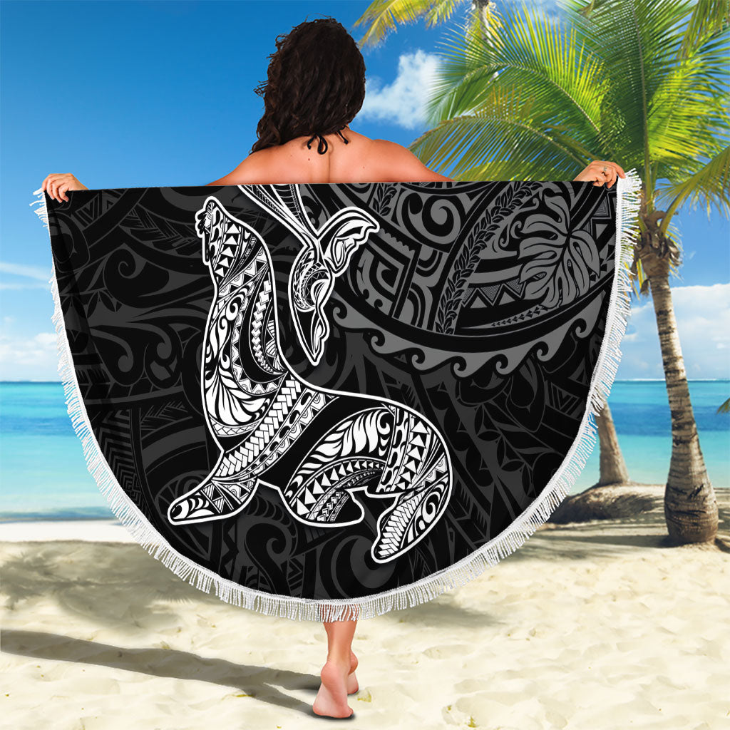 Hawaiian Monk Seal and Whale Beach Blanket Kakau Tribal Pattern Grayscale