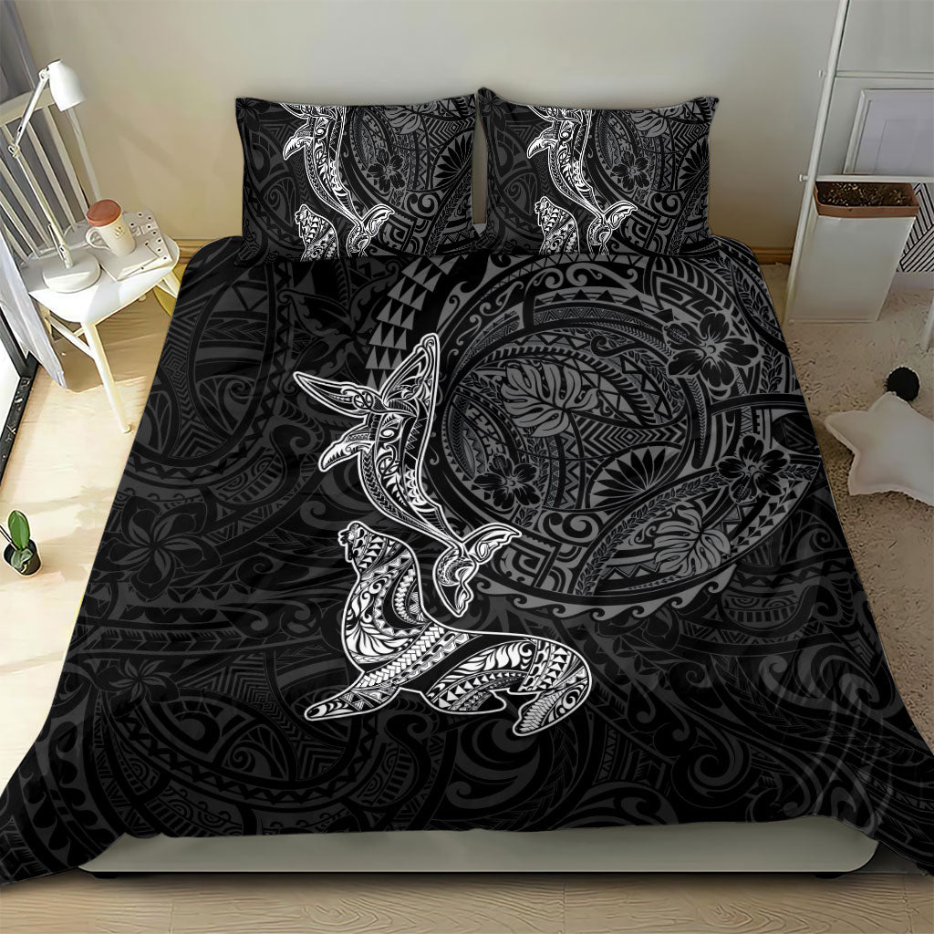 Hawaiian Monk Seal and Whale Bedding Set Kakau Tribal Pattern Grayscale