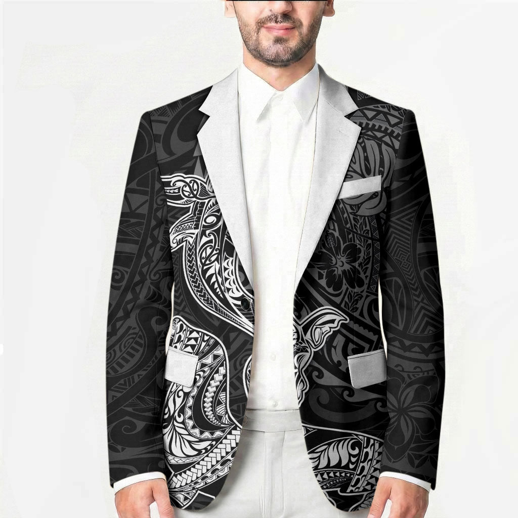 Hawaiian Monk Seal and Whale Blazer Kakau Tribal Pattern Grayscale