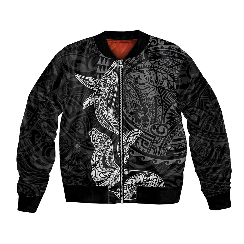 Hawaiian Monk Seal and Whale Bomber Jacket Kakau Tribal Pattern Grayscale