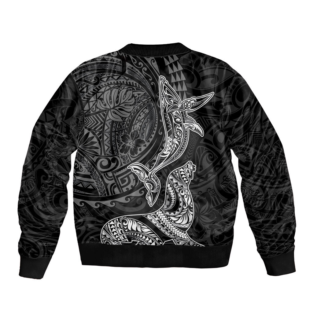 Hawaiian Monk Seal and Whale Bomber Jacket Kakau Tribal Pattern Grayscale