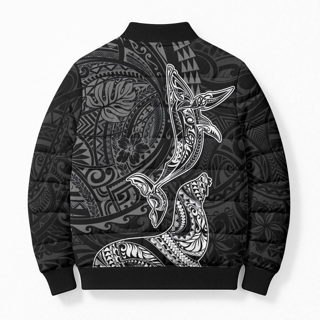 Hawaiian Monk Seal and Whale Bomber Puffer Jacket Kakau Tribal Pattern Grayscale