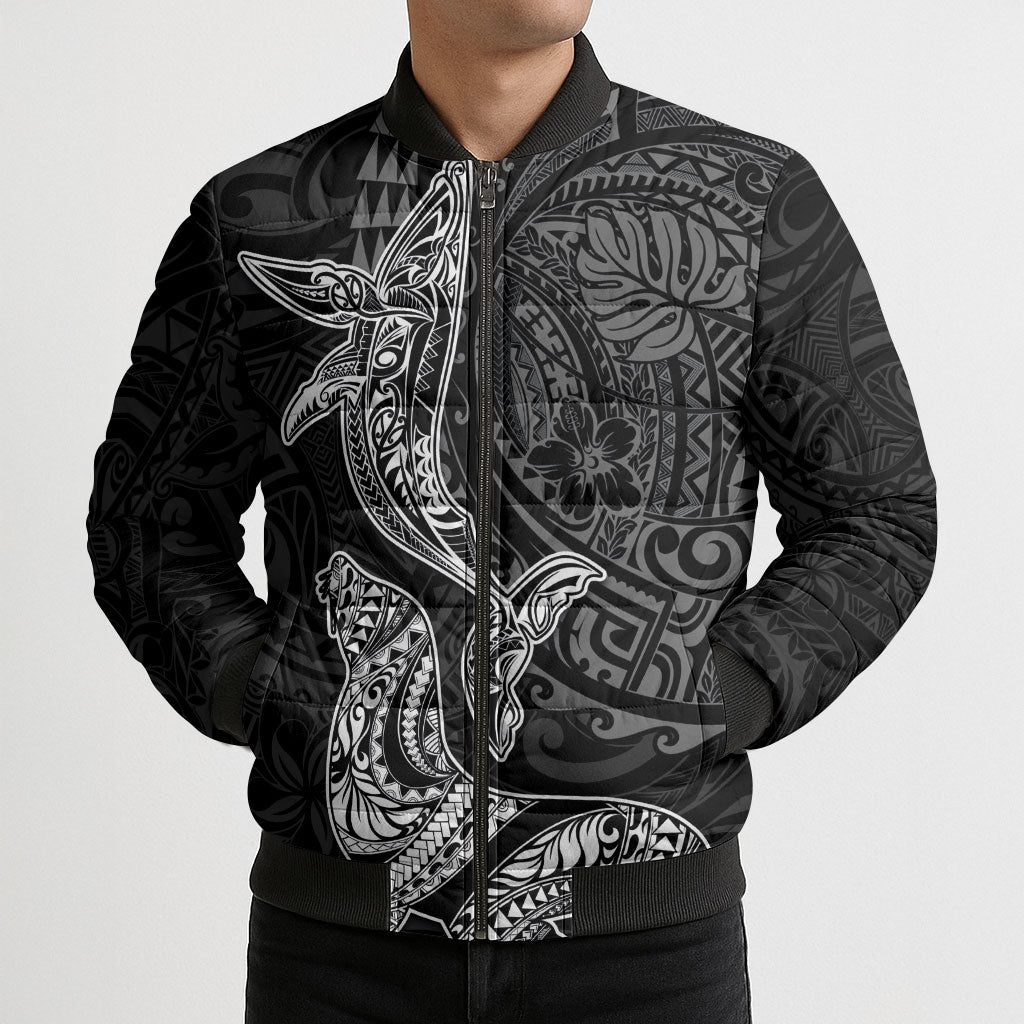 Hawaiian Monk Seal and Whale Bomber Puffer Jacket Kakau Tribal Pattern Grayscale
