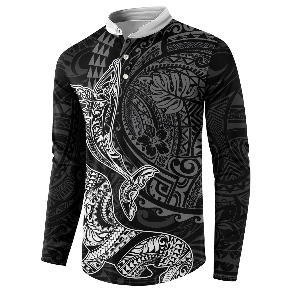 Hawaiian Monk Seal and Whale Button Sweatshirt Kakau Tribal Pattern Grayscale