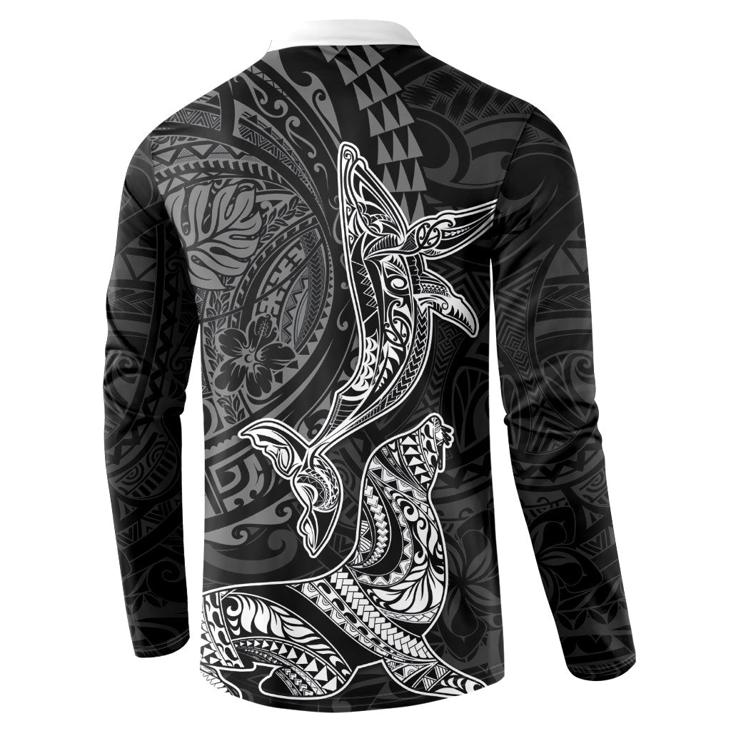 Hawaiian Monk Seal and Whale Button Sweatshirt Kakau Tribal Pattern Grayscale