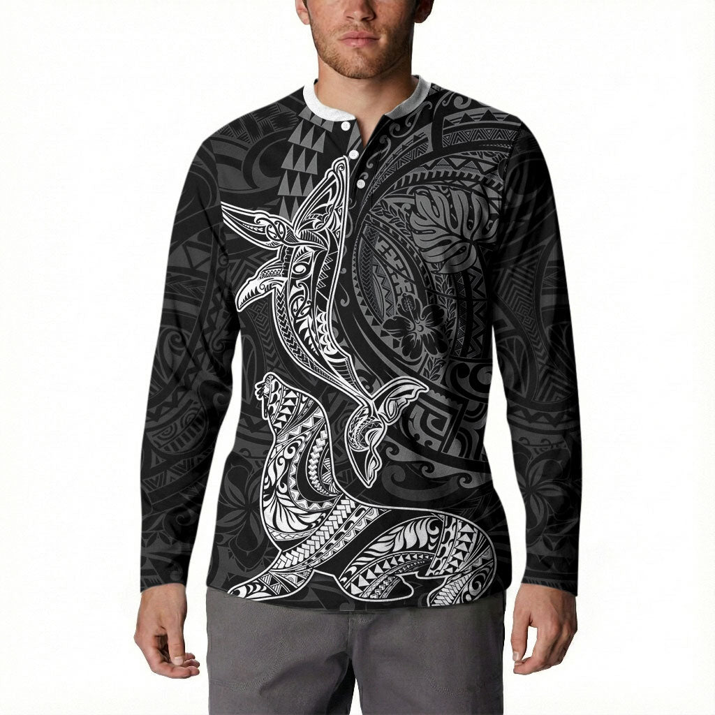 Hawaiian Monk Seal and Whale Button Sweatshirt Kakau Tribal Pattern Grayscale