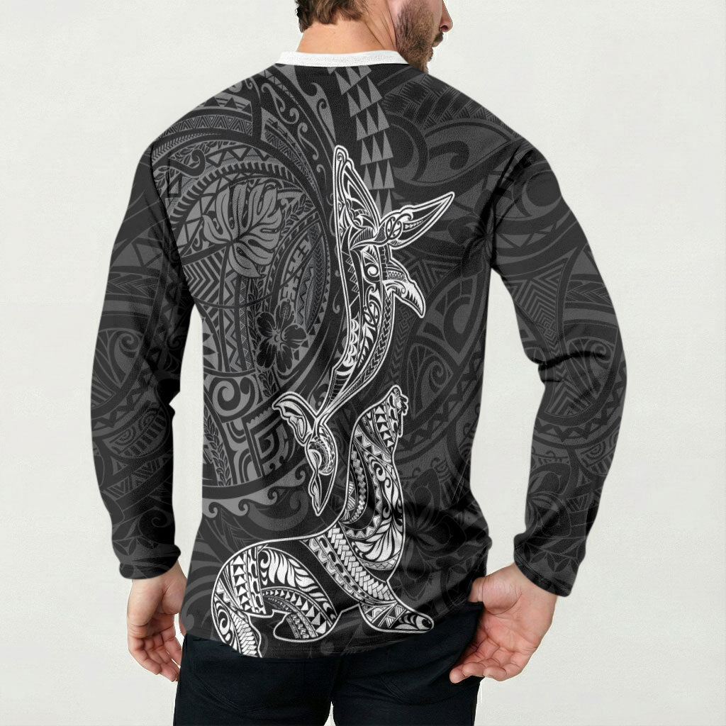 Hawaiian Monk Seal and Whale Button Sweatshirt Kakau Tribal Pattern Grayscale