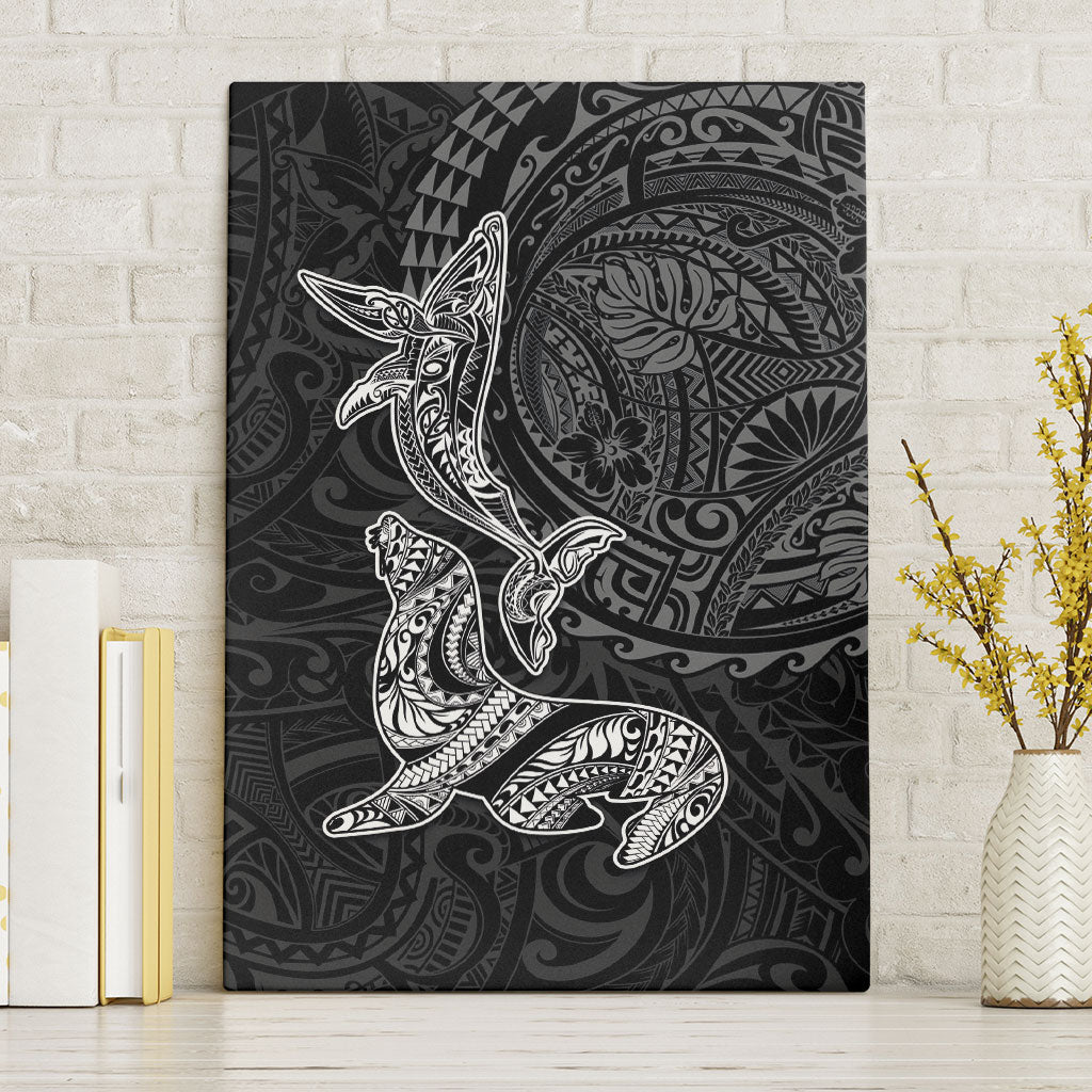 Hawaiian Monk Seal and Whale Canvas Wall Art Kakau Tribal Pattern Grayscale