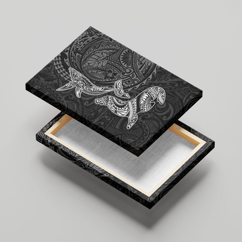Hawaiian Monk Seal and Whale Canvas Wall Art Kakau Tribal Pattern Grayscale