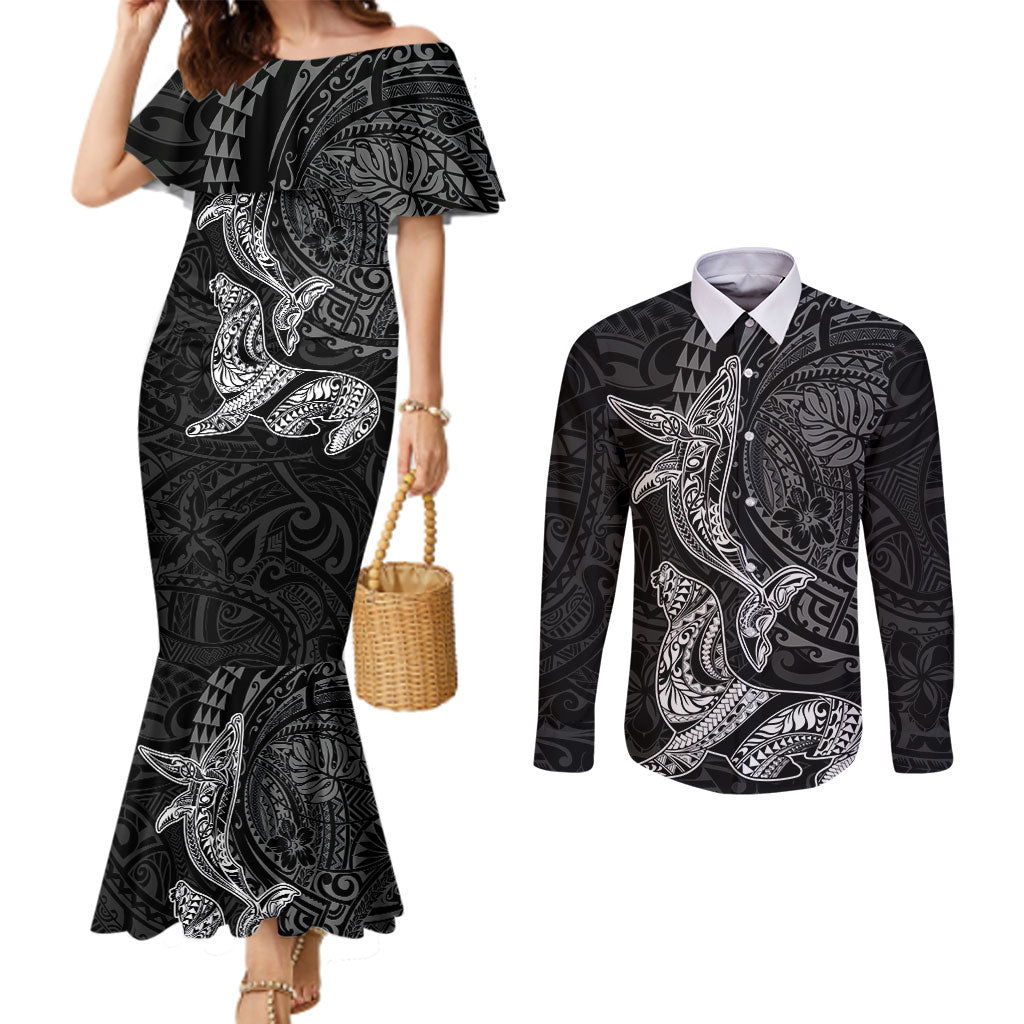 Hawaiian Monk Seal and Whale Couples Matching Mermaid Dress and Long Sleeve Button Shirt Kakau Tribal Pattern Grayscale