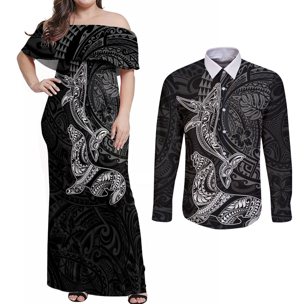 Hawaiian Monk Seal and Whale Couples Matching Off Shoulder Maxi Dress and Long Sleeve Button Shirt Kakau Tribal Pattern Grayscale LT03 Black - Polynesian Pride