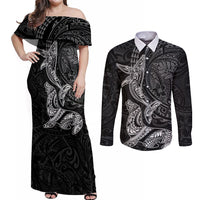 Hawaiian Monk Seal and Whale Couples Matching Off Shoulder Maxi Dress and Long Sleeve Button Shirt Kakau Tribal Pattern Grayscale LT03 Black - Polynesian Pride