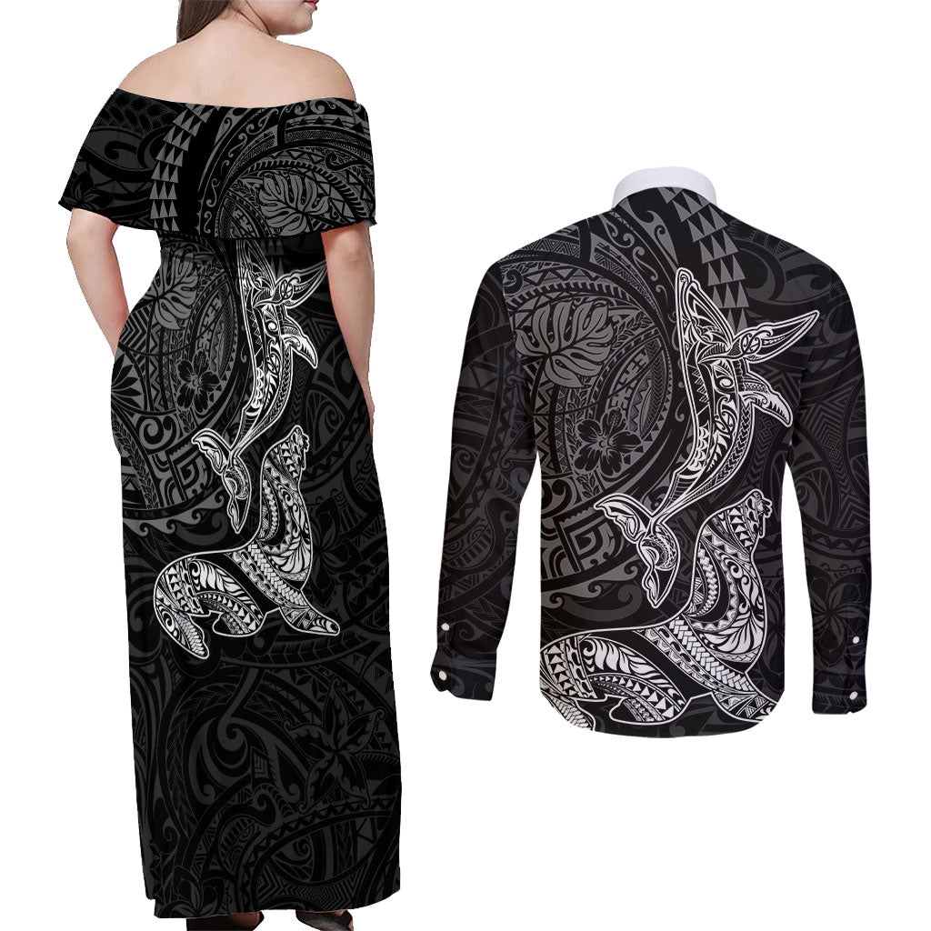 Hawaiian Monk Seal and Whale Couples Matching Off Shoulder Maxi Dress and Long Sleeve Button Shirt Kakau Tribal Pattern Grayscale LT03 - Polynesian Pride