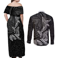 Hawaiian Monk Seal and Whale Couples Matching Off Shoulder Maxi Dress and Long Sleeve Button Shirt Kakau Tribal Pattern Grayscale LT03 - Polynesian Pride