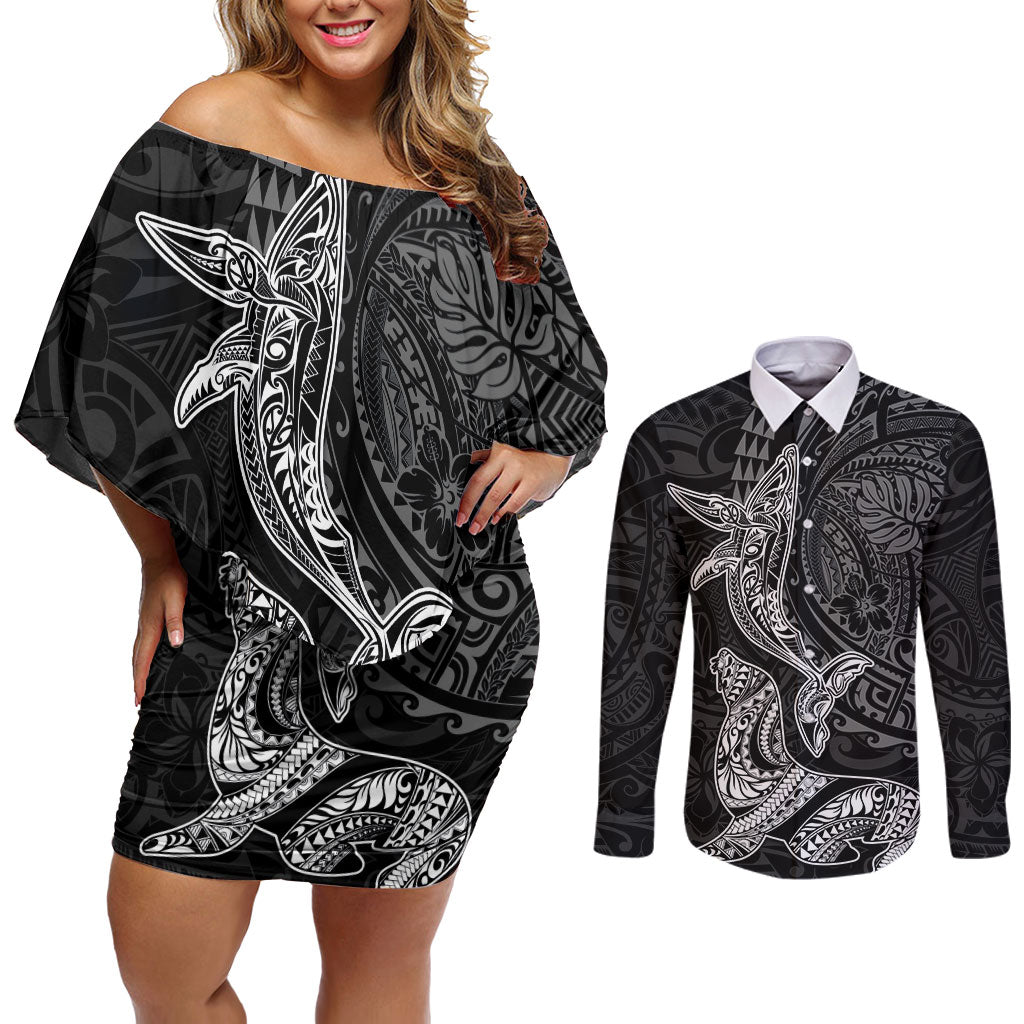 Hawaiian Monk Seal and Whale Couples Matching Off Shoulder Short Dress and Long Sleeve Button Shirt Kakau Tribal Pattern Grayscale LT03 Black - Polynesian Pride