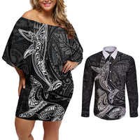 Hawaiian Monk Seal and Whale Couples Matching Off Shoulder Short Dress and Long Sleeve Button Shirt Kakau Tribal Pattern Grayscale LT03 Black - Polynesian Pride