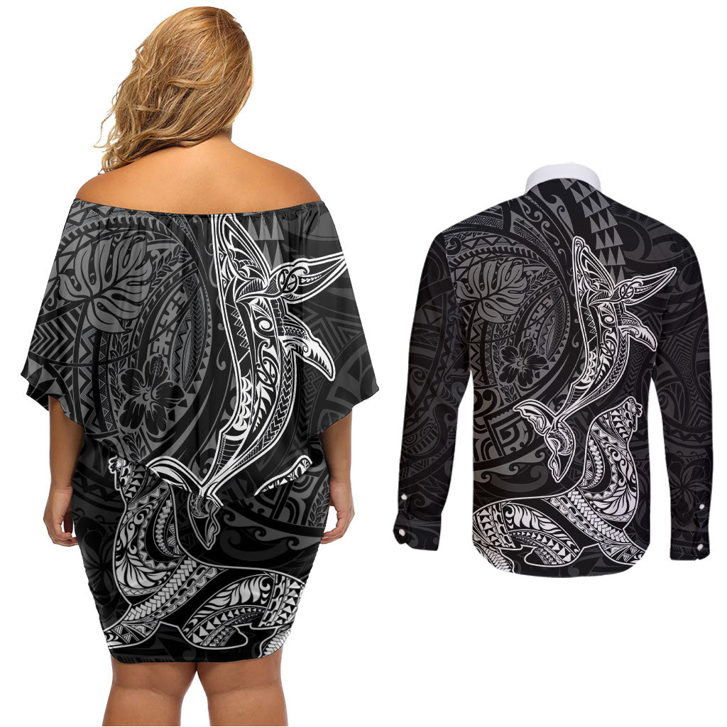 Hawaiian Monk Seal and Whale Couples Matching Off Shoulder Short Dress and Long Sleeve Button Shirt Kakau Tribal Pattern Grayscale LT03 - Polynesian Pride