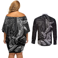 Hawaiian Monk Seal and Whale Couples Matching Off Shoulder Short Dress and Long Sleeve Button Shirt Kakau Tribal Pattern Grayscale LT03 - Polynesian Pride